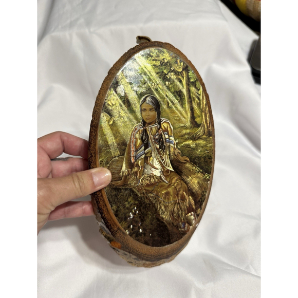 Vintage Rustic Country Tree Bark Art Wall Plaque Native American Indian Girl MCM - Picture 1 of 12